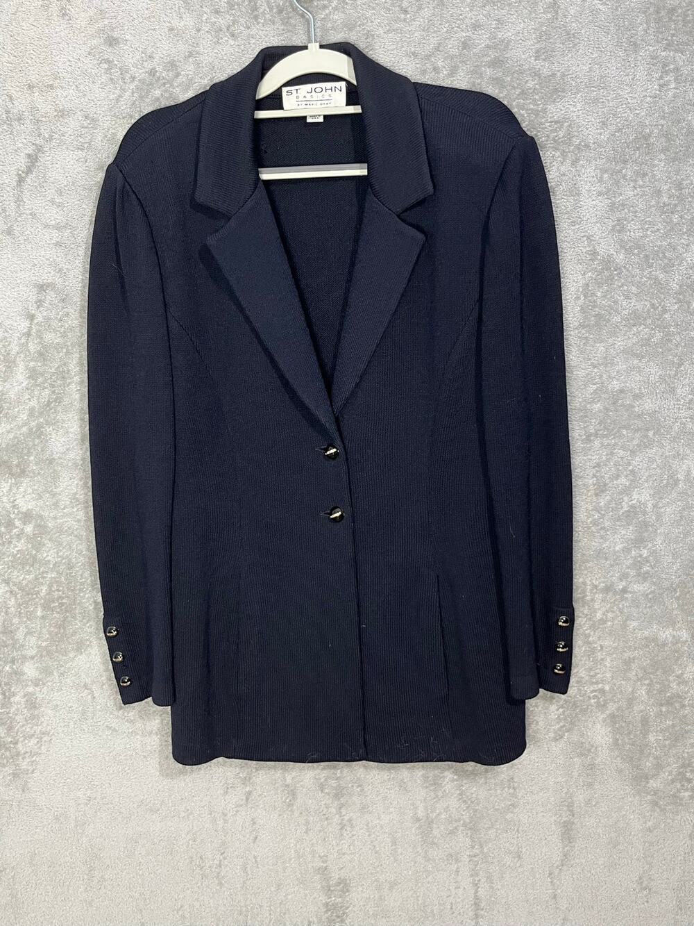 St John Basics Marie Gray Santana Knit Wool Long Line Blazer Size 12 Black